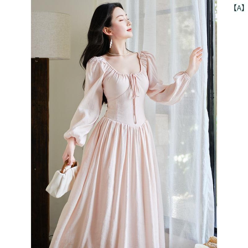 ワンピース フレンチスタイル エレガント フェミニン 若見え ピンク パフスリーブ 長袖 ハイウエスト 着痩せ ロング丈 切り替え 秋冬 ポリエステル
