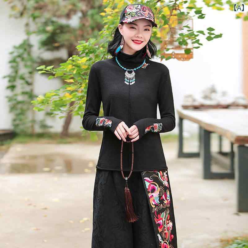 Garments - Tシャツ レディース 民族風 エスニック レトロ 秋冬 ハイネック タートルネック 長袖 スリムフィット 細身 着痩せ効果 プルオーバー 綿 コットン 刺繍 カットソー トップス