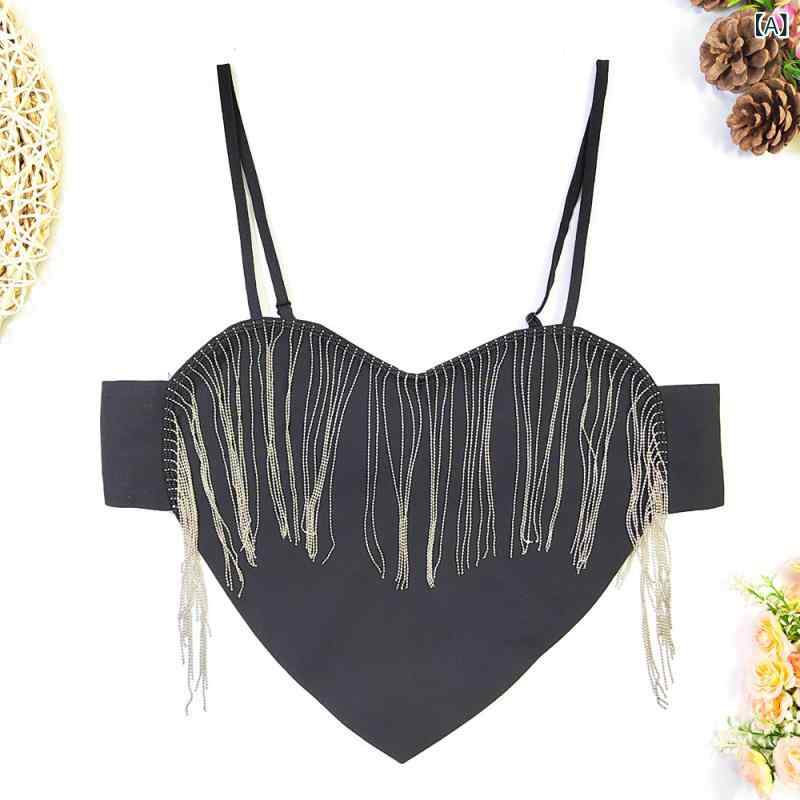 ベビードール レディース フレンチスタイル セクシーランジェリー タッセル キャミソール インナーウェア 大胆背中開き ハート ノンカップ ビスチェ ダンス ステージ衣装 イベント ブラック ポリエステル