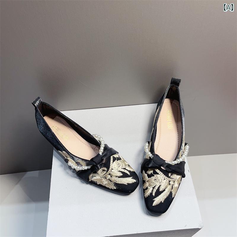 パンプス レディース 春夏 レトロ チャイナスタイル パール エレガント 太ヒール スクエアトゥ メリージェーン スリッポン サテン 普段使い ローヒール 無地(4.0)