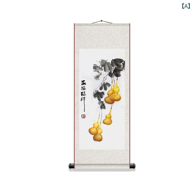 掛け軸 新中華風 モダンチャイニーズ 瓢箪 福寿康寧 手描き 絹製 巻物画 風景画 玄関 リビング 書斎 開..