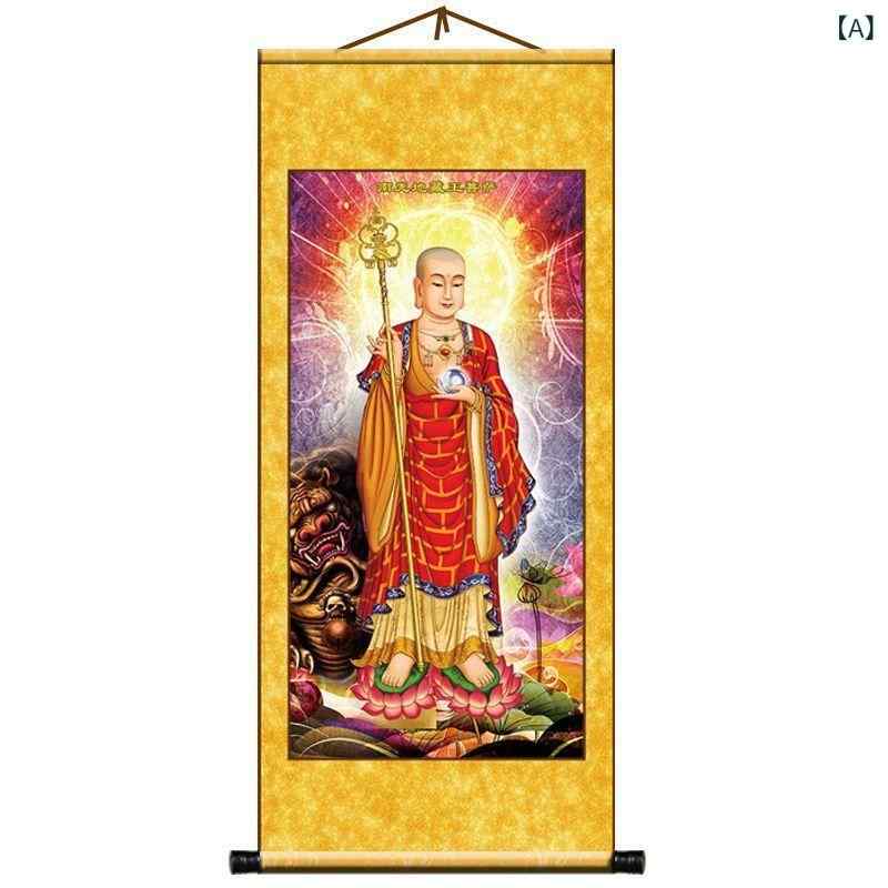 掛け軸 大願地蔵菩薩 仏画 仏像画 禅画 巻物 軸装 供養 インテリア 装飾 玄関 和室 リビング 書斎 禅意..