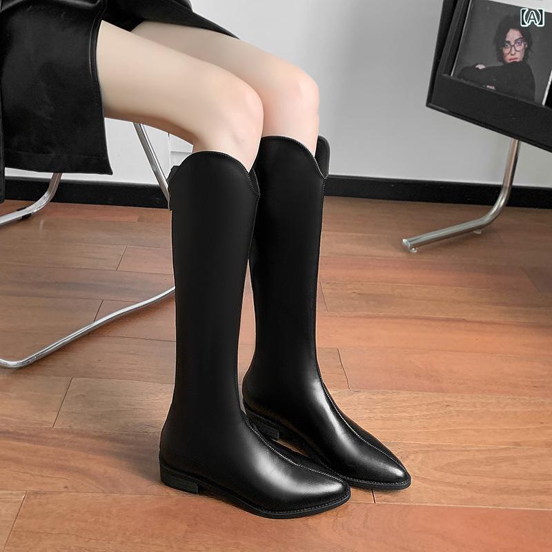 ブーツ レディース 騎士ロングブーツ 欧米風 ポインテッドトゥ 太ヒール チャンキーヒール ミドルヒール フェイクレザー 通気性 耐摩耗性 衝撃吸収 脚長効果 ...