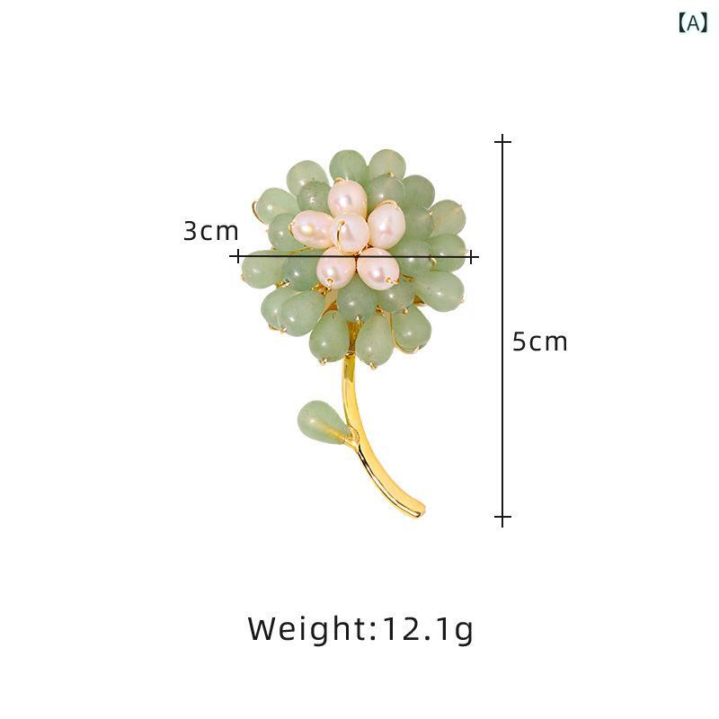 胸針 - ブローチ 東陵玉 淡水パール ひまわり 花モチーフ オリジナル ハンドメイド デザイン ユニセックス 個性的 かわいい おしゃれ 上品 電気メッキ加工 ピンブローチ 東陵グリーン 緑系 春夏