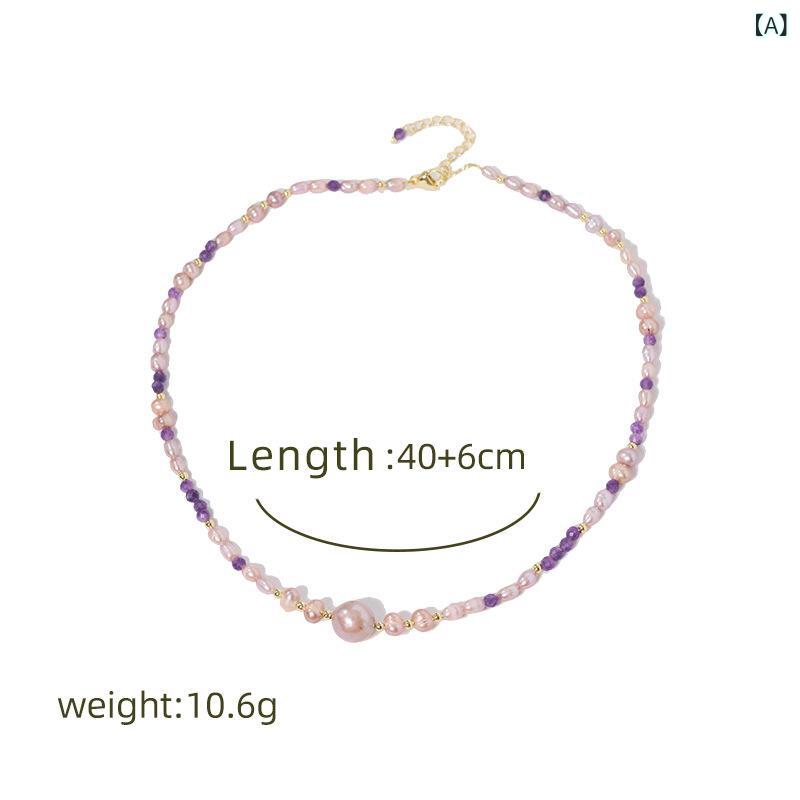 Necklaces, Pendants - ネックレス レディース 女性用 エジソンパール パープル 紫 クリスタル 鎖骨チェーン レトロ 個性的 シンプル 高級感 上質感 チタン合金 首飾り アクセサリー 普段使い 通勤