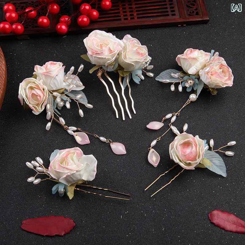 髪飾り 古風 チャイナ風 優雅 エレガント 上品な光沢 絹の花 バラ フラワー ナチュラル 和装 着物 浴衣..
