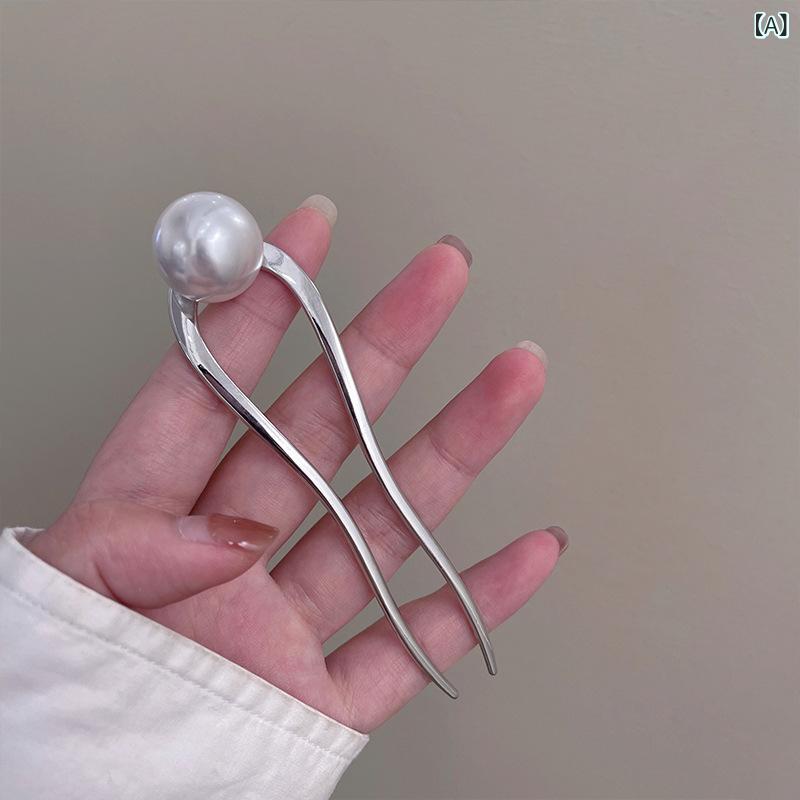かんざし パール U字型 モダンチャイニーズスタイル 高級感 エレガント シンプル まとめ髪 アップヘア ..