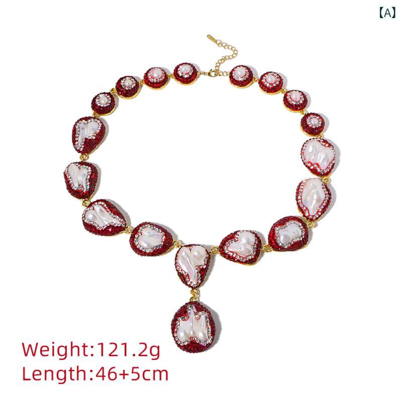 ネックレス レディース 天然バロックパール レッド ジルコニア 埋め込み 高級感 エレガント 宮廷風 レ..