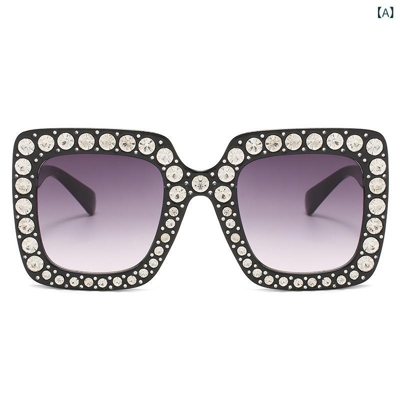 サングラス レディース 欧米 ファッション スクエア型 ラインストーン飾り UVカット 紫外線対策 軽量 プラスチック 旅行 ドライブ アウトドア パーティー