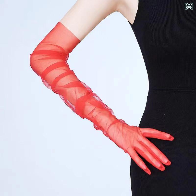 ・カテゴリ: 手袋・性別: 女性・機能: 装飾・カラー展開: 赤、黒、ワインレッド、白、墨緑、ライトグレー、ピンク、ライトグリーン、ライトブルー・サイズ展開: 約70cm、約55cm、約23・素材: メッシュ・スタイル: ファッション・: ロング丈メッシュ分指手袋