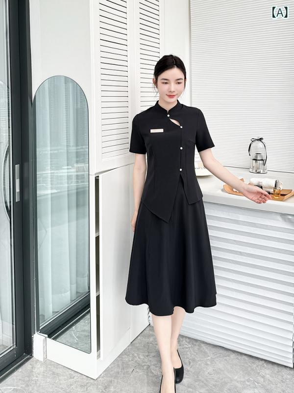 制服 レディース フットケア エステ スパ リラクゼーション 美容院 サロン 受付 フロント 施術 チャイナ風 半袖 モダール 伸縮性 ユニフォーム セットアップ 上下セット