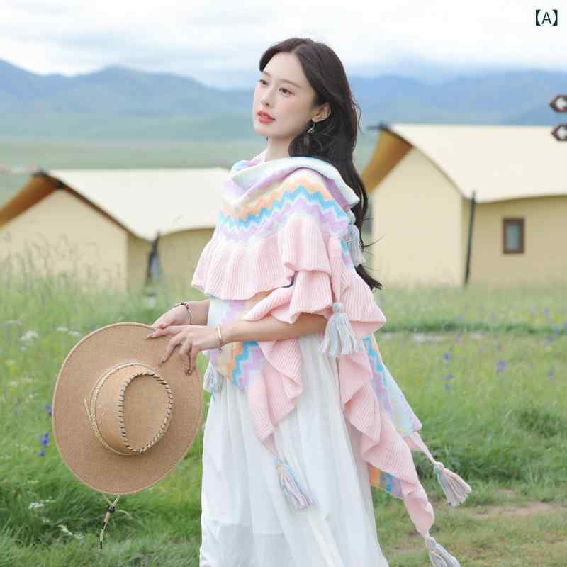 ショール レディース ニット ポンチョ ケープ 民族風 レトロ おしゃれ 個性的 ストライプ柄 フリル スリット 切り替えデザイン アウトドア カジュアル 普段使い 防寒 保温 あったか 春秋冬