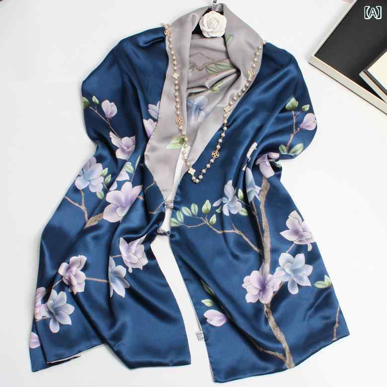 スカーフ レディース ショール モクレン花柄 チャイナボタン シルク 絹 100%天然シルク サテン調 ロング丈 ダブルレイヤー リバーシブル 2WAY 手描き ハンドペイント 高級感 エレガント 上品 秋冬春