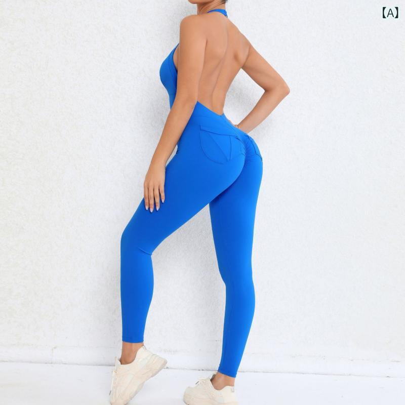 ヨガウェア レディース バックオープン ピーチヒップ ヒップアップ効果 ポケット付き 吸湿速乾 伸縮性 ナイロン スパンデックス素材 オールインワン ボディスーツ ジム トレーニング スポーツ フィットネス 多色展開