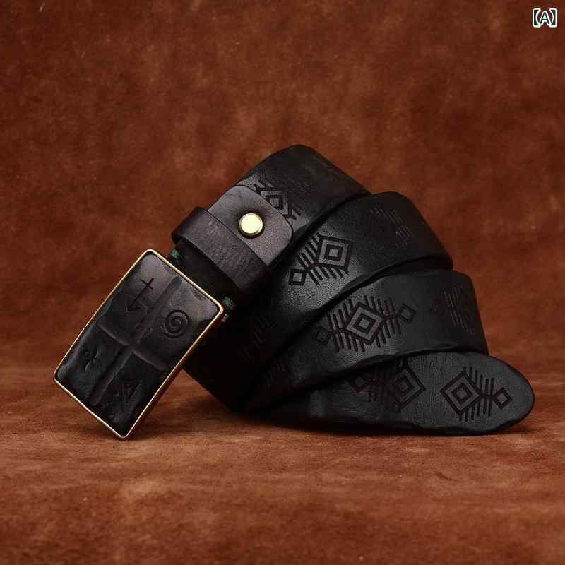 ベルト メンズ フルグレインレザー 厚手 本革 牛革 ヴィンテージ レトロ ハンドメイド 手彫り 彫刻デザイン スムースバックル 銅製バックル ジーンズ デニム カジュアル ストリートスタイル 普段使い