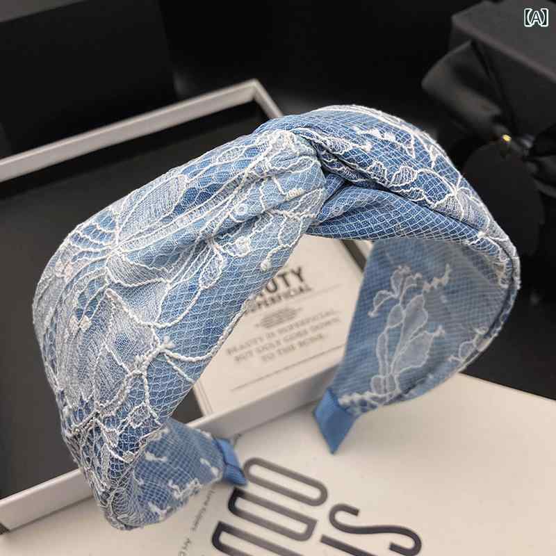 カチューシャ レディース 女性用 ボリュームアップ 幅広 かぎ針編み レース 布製 ブルー系 春夏 ファッ..