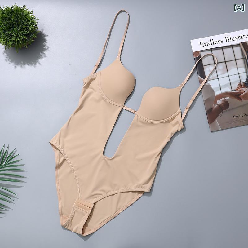 ボディスーツ レディース ブラ一体型 ソフトワイヤー セクシー バックオープン 薄手 おしゃれ 快適 グラマー向け 胸を小さく見せる 着痩せ ナイロン スキンカラー ブラック オフホワイト