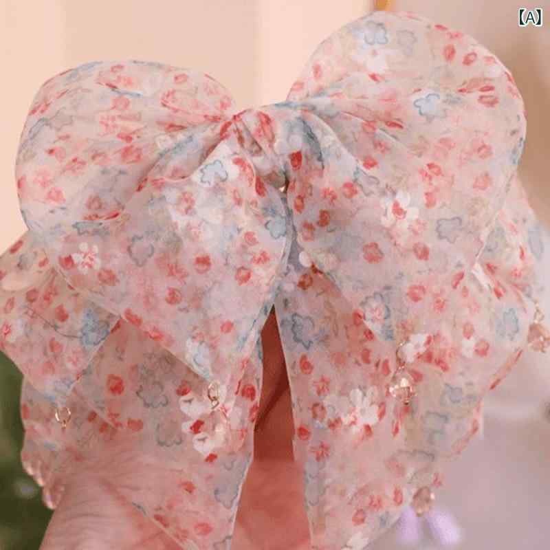 ヘアクリップ レディース 小花柄 大きなリボン ロングリボン ポニーテールクリップ カントリー調 かわ..