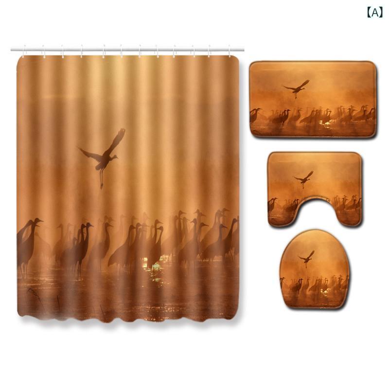 バスルームセット シャワーカーテン バスマット3枚組 浴室用 滑り止め 洗える ポリエステル製 フラミン..