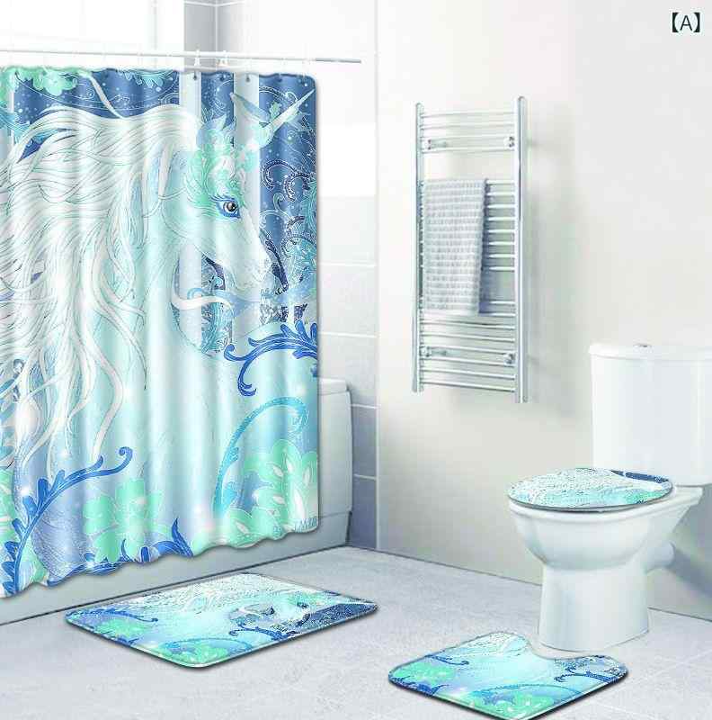 シャワーカーテン レインボーユニコーン バスマット トイレマット フロアマット 4点セット バスルーム 浴室 洗面所 ポリエステル 丸洗い可能 長方形