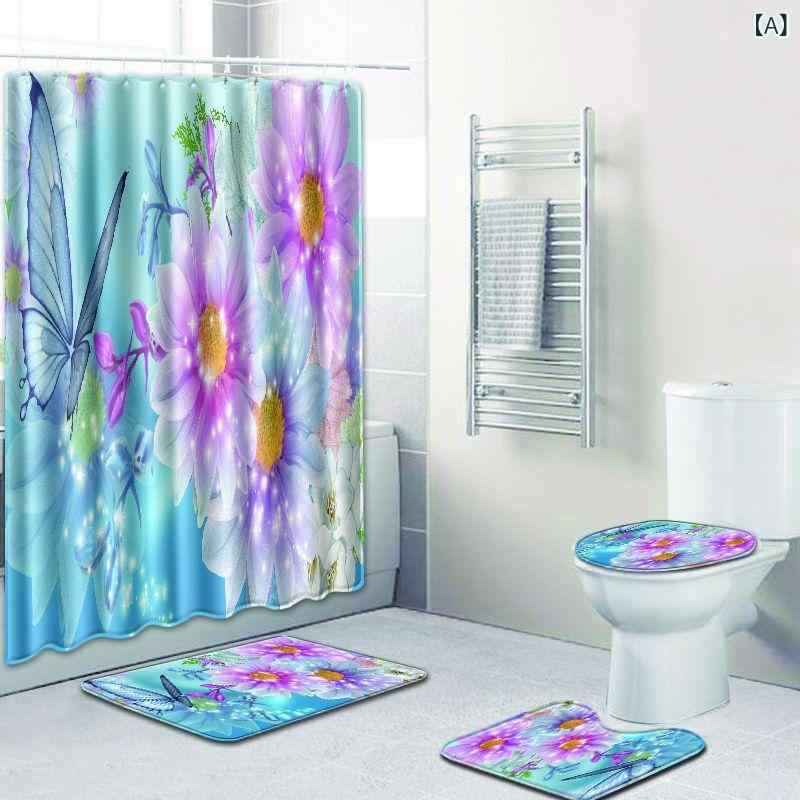 バスグッズ シャワーカーテン バスマット トイレマット 4点セット 浴室 洗面所 トイレ 吸水速乾 ポリエ..