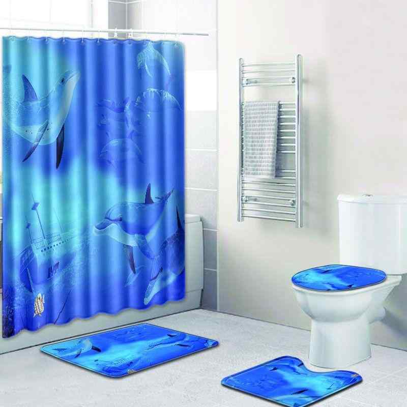 シャワーカーテン バスルーム 熱帯 海洋風 3D リゾート 南国 バスマット フロアマット 便座カバー トイレカバー トイレマット 足元マット ポリエステル製 洗濯可能 清潔 4点セット
