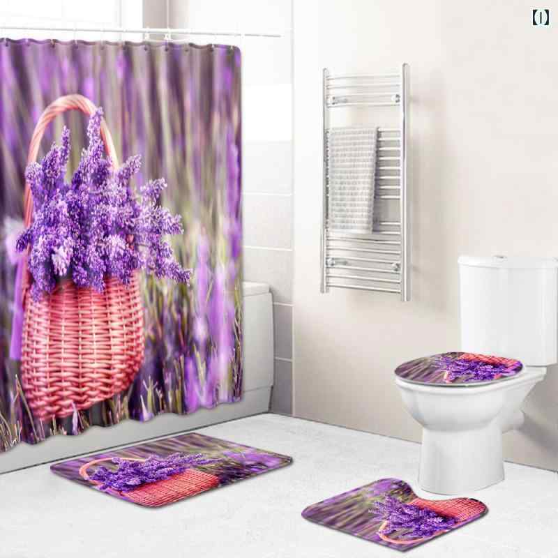 バスルーム4点セット シャワーカーテン バスマット トイレ蓋カバー トイレマット 植物柄 ボタニカルデザイン ポリエステル 防水 防カビ 浴室 お風呂 脱衣所