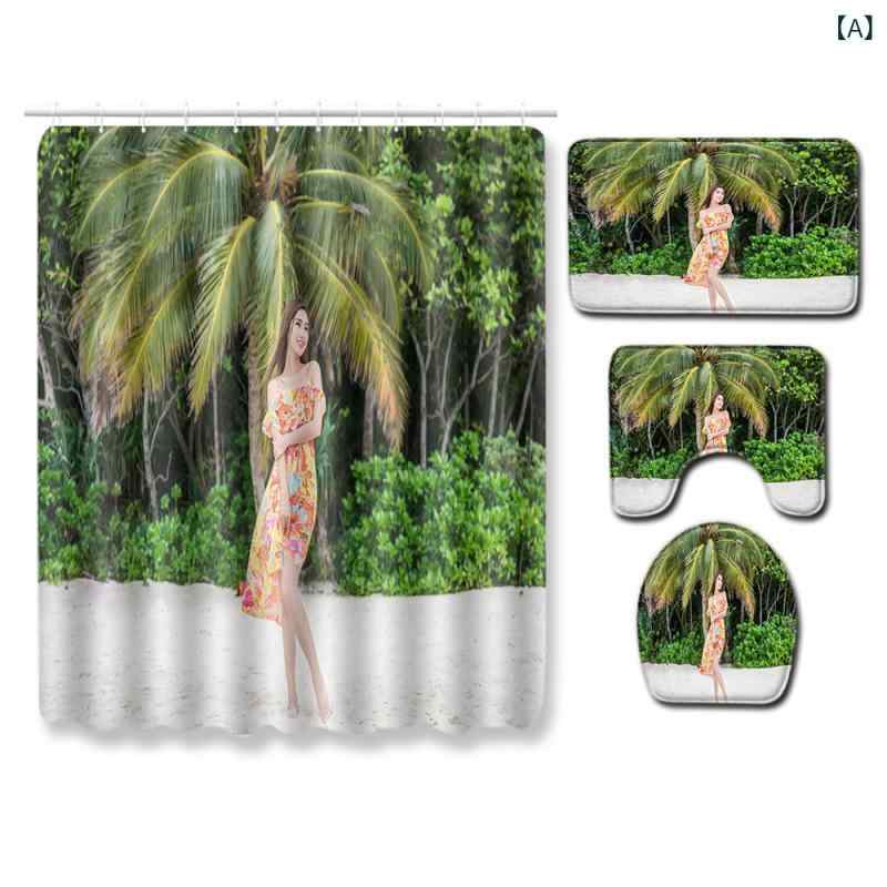 Shower Curtains - 浴室マット シャワーカーテン 4点セット バスマット トイレマット U字マット 北欧風 ポリエステル 丸洗い 洗濯機OK ライトグリーン