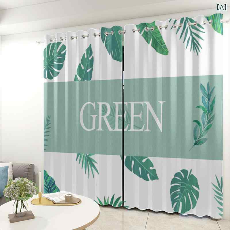 カーテン グリーンリーフ ボタニカル柄 プリント柄 半遮光 遮熱 プライバシー保護 ポリエステル素材 リ..