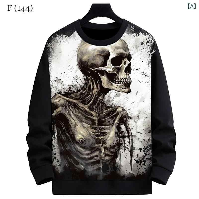 スウェット メンズ 男性用 裏起毛 プルオーバー ドクロ柄 スカル柄 3Dデジタルプリント クルーネック 丸首 個性的 ユニークデザイン ストリートカジュアル トップス 秋冬 ポリエステル(4.0)
