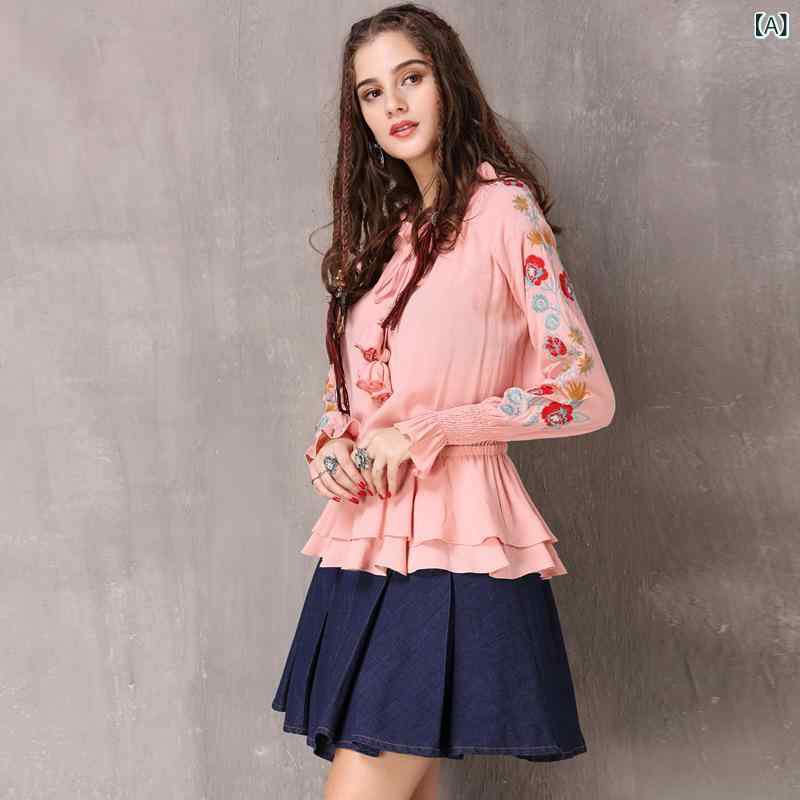 ブラウス レディース 秋物 リボン 刺繍 レトロ フリル 長袖 フリル襟 フレアスリーブ トップス プルオーバー 綿麻 ガーリー ピンク