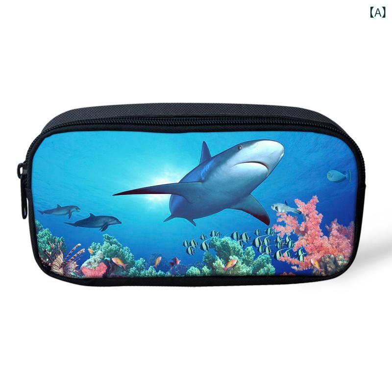 ペンケース 学生用 筆箱 ポリエステル 3D 深海 サメ柄 かわいい おしゃれ 多機能 ファスナー 男女兼用 文房具入れ 小銭入れ 小物入れ 学習用 通学