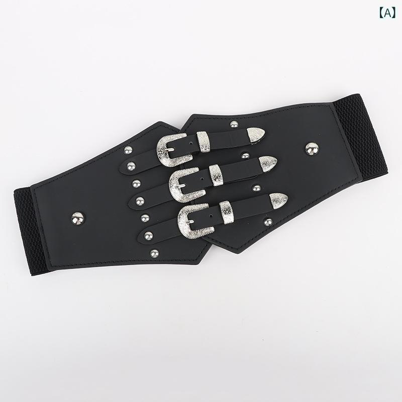 ベルト レディース ウエストマーク 幅広 ゴムベルト PUレザー スタッズ サッシュベルト アンティーク調バックル コート ワンピース シャツ スカート スタイルアップ 春夏秋冬