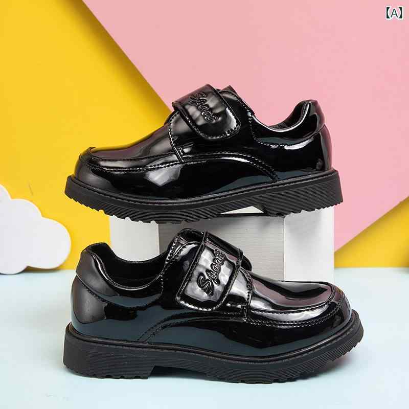 シューズ 男の子 キッズ スクール 小学生 レザーシューズ 革靴 合皮 PUレザー 韓国風 ブリティッシュスタイル フォーマル 発表会 ソフトソール 柔らかい底 滑り止め 耐摩耗性 ラバーソール ゴム底 マジックテープ ブラック 黒