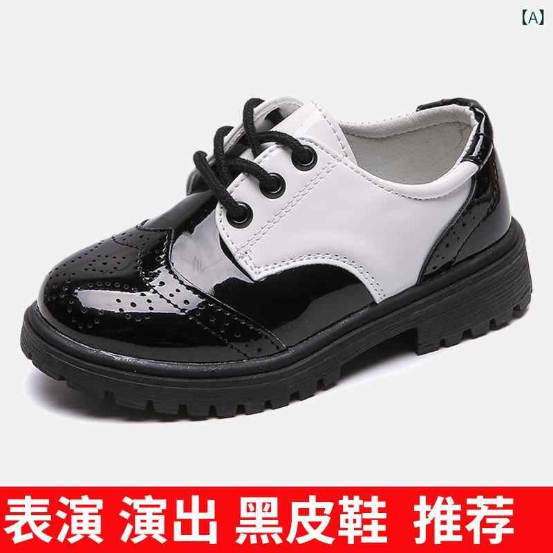 樂天商城 - シューズ 男の子 キッズ 子供 小学生向け ブラック PUレザー 合成皮革 ソフトソール ゴム底 屈曲性 英国風 レースアップ 紐 マジックテープ 通学 学校 発表会 フォーマル 卒園式 入学式