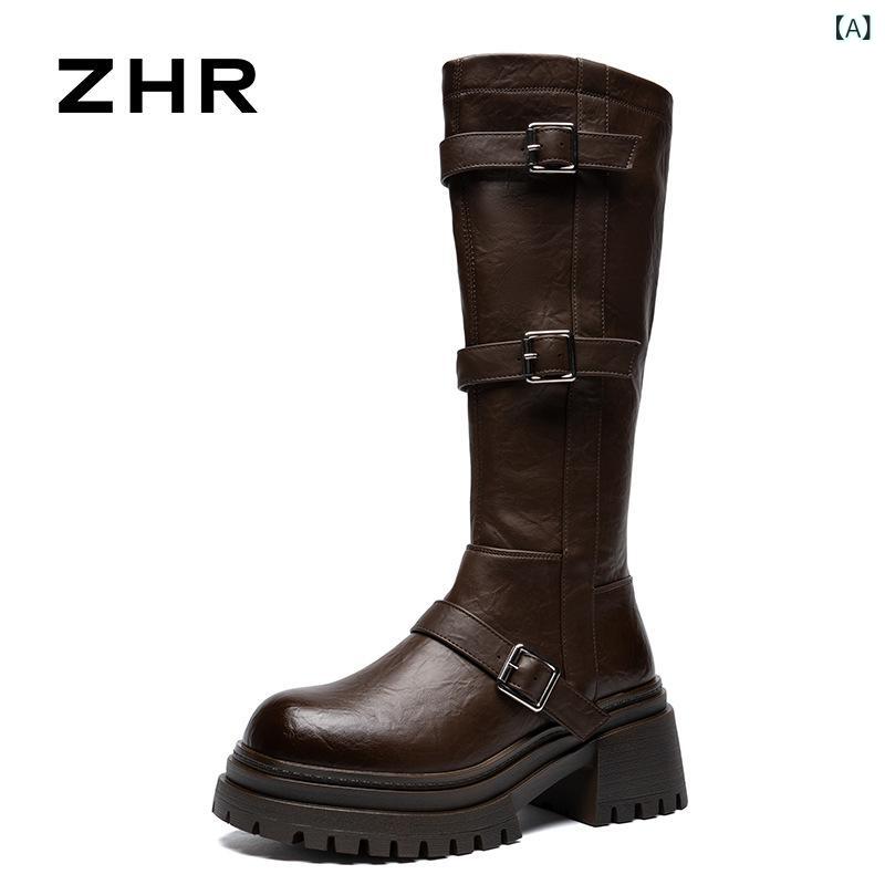 騎士ブーツ レディース 厚底 マルチバックル レトロ カウボーイブーツ ダークブラウン 茶色 ラウンドトゥ ハイカット ロングブーツ 合成皮革 保温 大人カジュアル ヒールアップ 秋冬