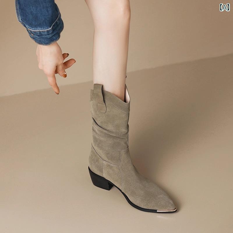 ブーツ レディース ウエスタンブーツ クシュクシュ ポインテッドトゥ レトロ チャンキーヒール 太ヒール スエード調 ミドル丈 普段使い デイリー