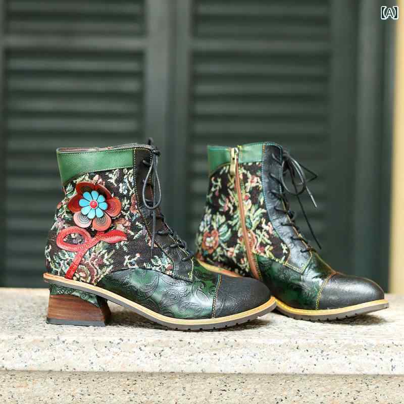 ウエスタンショートブーツ レディース カジュアル 秋冬 本革 羊革 アンティーク加工 レトロプリント 切り替え 快適 ラウンドトゥ チャンキーヒール ミドルヒール(4.0)