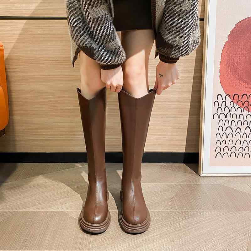 ロングブーツ レディース 小柄 低身長向け 秋冬 Vカット インヒール 厚底 太ヒール ハイヒール 脚長効果 ウエスタンブーツ ジョッキーブーツ 膝下丈 ラウンドトゥ マイクロファイバー バックジップ 滑り止め