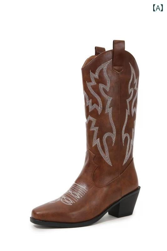 ブーツ レディース ウェスタンブーツ ジョッキーブーツ 秋冬 刺繍 ポインテッドトゥ ミドル丈 太ヒール チャンキーヒール 大きいサイズ ゆったりサイズ 合成皮革 レザー切り替え 暖かい 防寒 レトロ カジュアル ブラック ダークブラウン