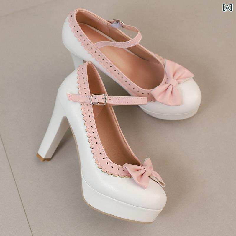 パンプス レディース リボン 太ヒール ラウンドトゥ レース ロリータ メリージェーン ストラップ バックル 大きいサイズ PUレザー 普段使い デイリー オフホワイト ブラック レッド ピンク