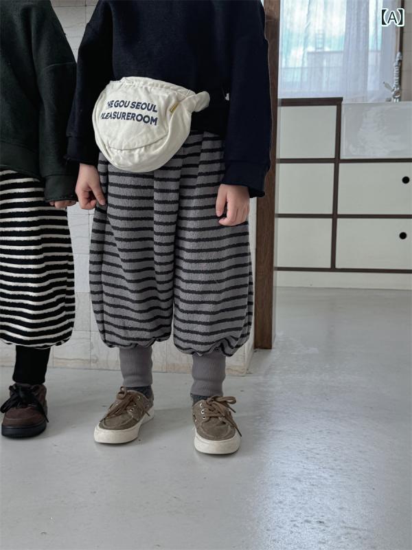 キッズ 男の子 女の子 男女兼用 春秋 ストライプ ボーダー ゆったり ルーズ ハイウエスト ジョガーパンツ テーパードパンツ カジュアル おしゃれ 普段着 部屋着 ソフトタッチ コットン 長ズボン グレー ブラック