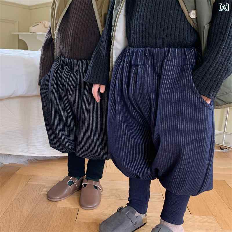 パンツ キッズ ベビー 男の子 女の子 裏起毛 厚手 保温 コットン 縦縞ストライプ カジュアル ジョガー バルーン ハイウエスト 秋冬