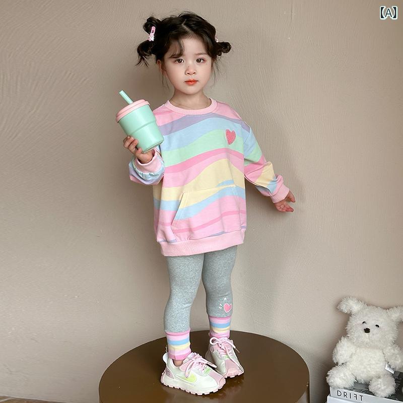 セットアップ 女の子 ガールズ 春秋 韓国風 カジュアル おしゃれ かわいい スウェット トレーナー ロングパンツ 長ズボン ストライプ 2点セット ポリエステル 綿混 柔らかい ピンク パープル