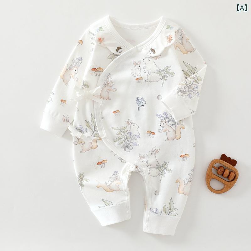 ロンパース ベビー 新生児 男女兼用 綿100% コットン 無縫製 長そで 和服風 蝶々タイプ 森林動物柄 カバーオール 斜め襟 紐タイプ 普段使い オールシーズン
