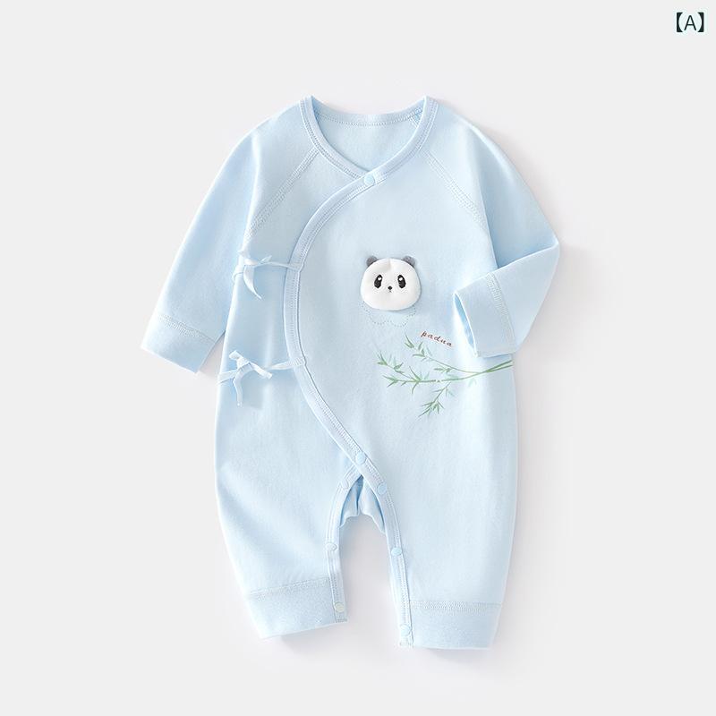 ロンパース 新生児 ベビー 男女兼用 和服風 蝶型 パンダ柄 カバーオール 綿100% コットン オールシーズン 長袖 前開き 紐留め 肌着 柔らかい 出産準備 赤ちゃん 男の子 女の子 ブルー イエロー ピンク
