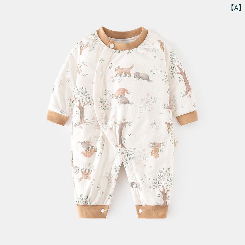 ロンパース ベビー 新生児 男女兼用 中綿入り 厚手 長袖 偏襟 斜め前開き カバーオール 肌に優しい 無..