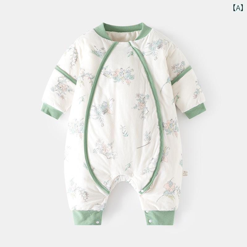 スリーパー ベビー 新生児 赤ちゃん 幼児 足つき 分割式 温度調節 恒温 保温 厚手 中綿入り コットン 綿 防寒 ジッパー式 寝冷え防止 袖着脱式 多機能 春秋冬