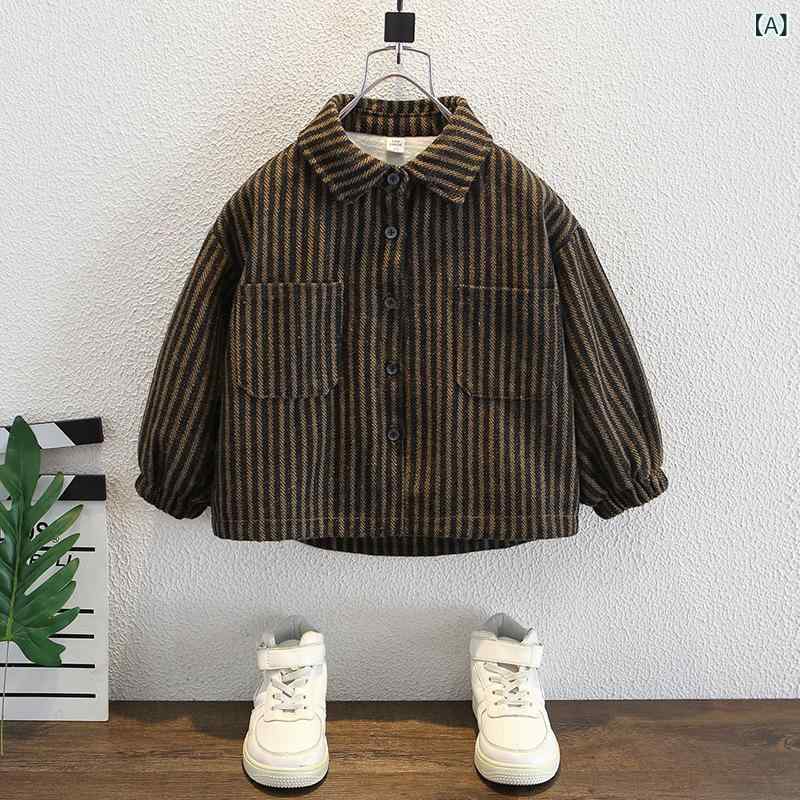 シャツ 男の子 秋冬 裏起毛 ナチュラル レトロ ストライプ 厚手 保温 羽織り ポリエステル やわらか 角襟 ロングスリーブ 普段使い 通学 お出かけ ブラウン系 チャコールグレー