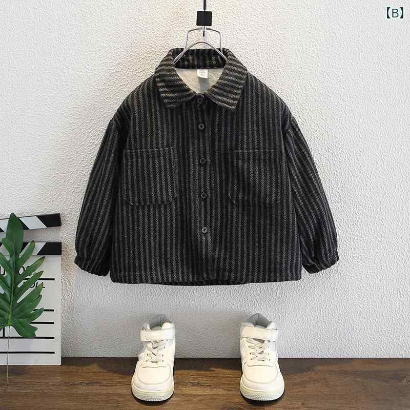 シャツ 男の子 秋冬 裏起毛 ナチュラル レトロ ストライプ 厚手 保温 羽織り ポリ...